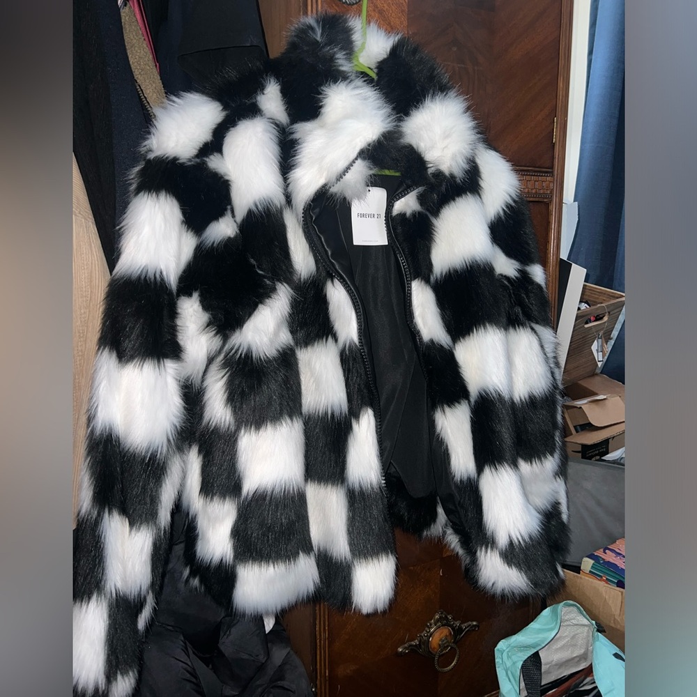 Forever 21 Fur Checkered Print Coat
